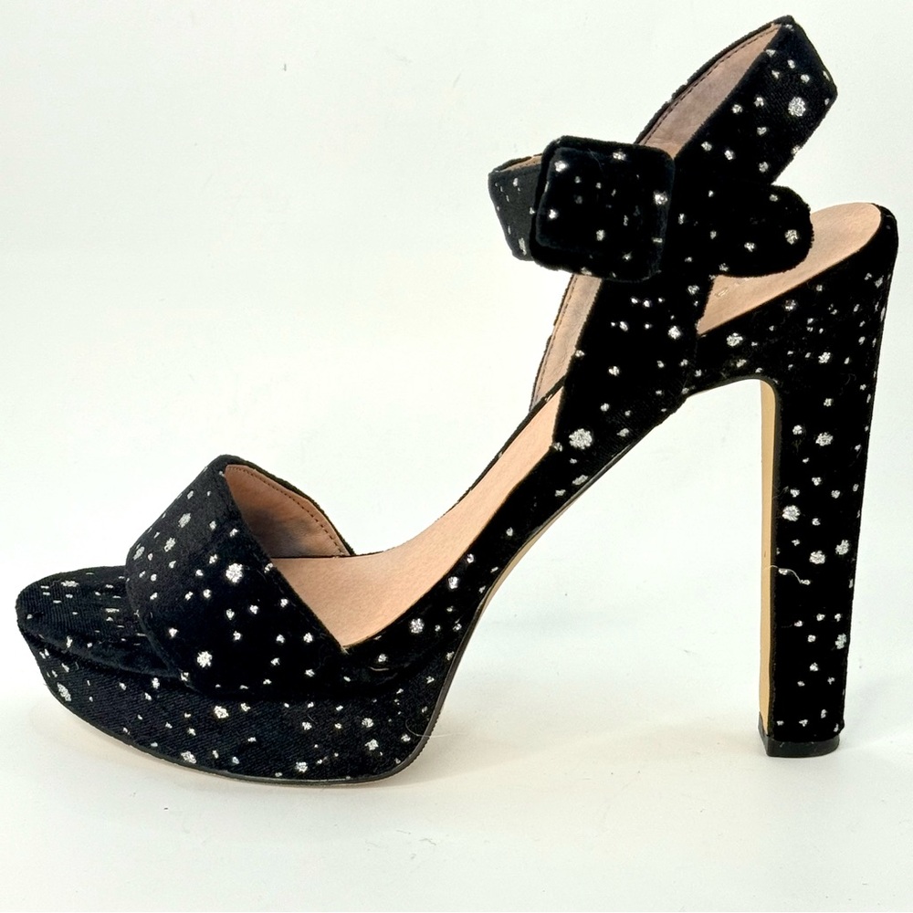 👠 Madden Girl Rollo Black Silver Spotted High Heels Sandals Sz 8.5 M 👠